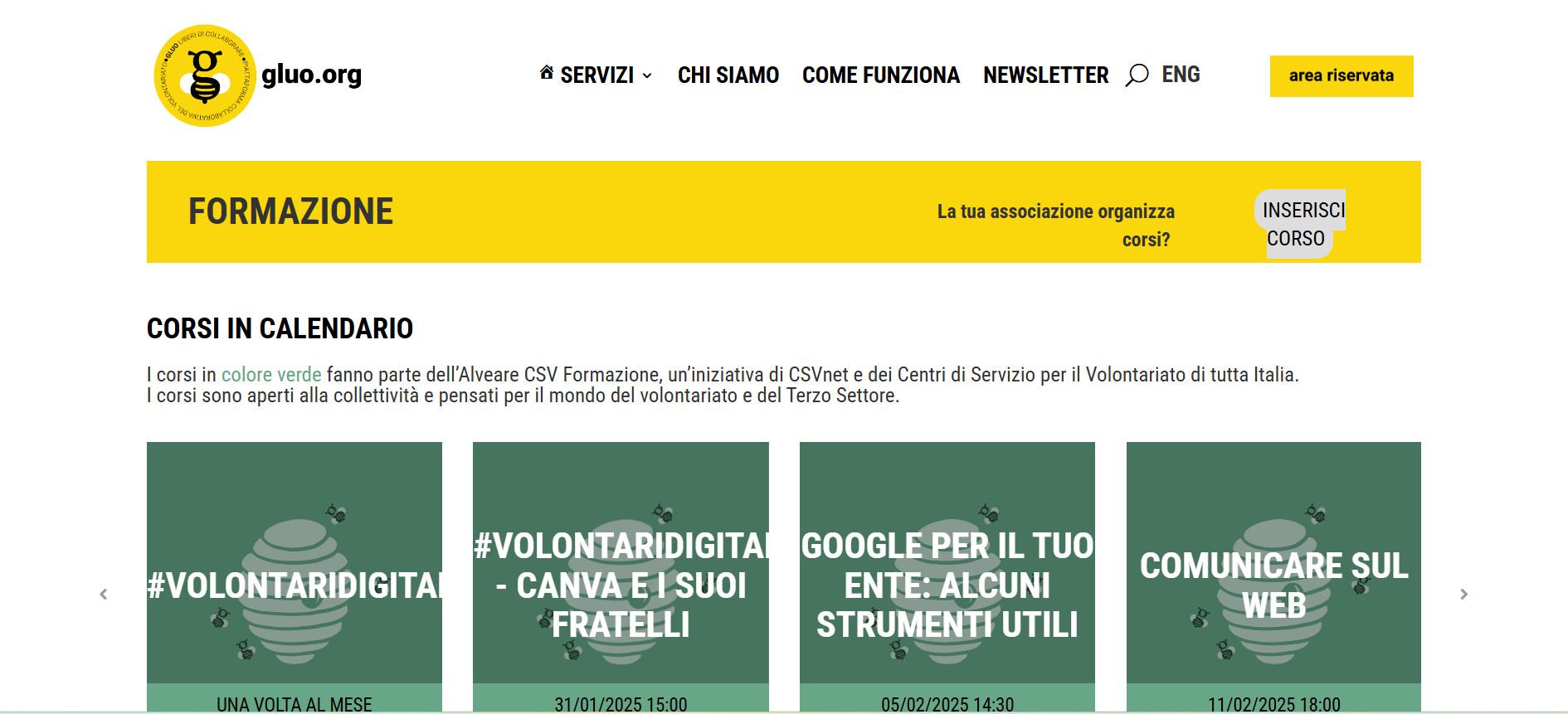 Screenshot del sito web di Gluo